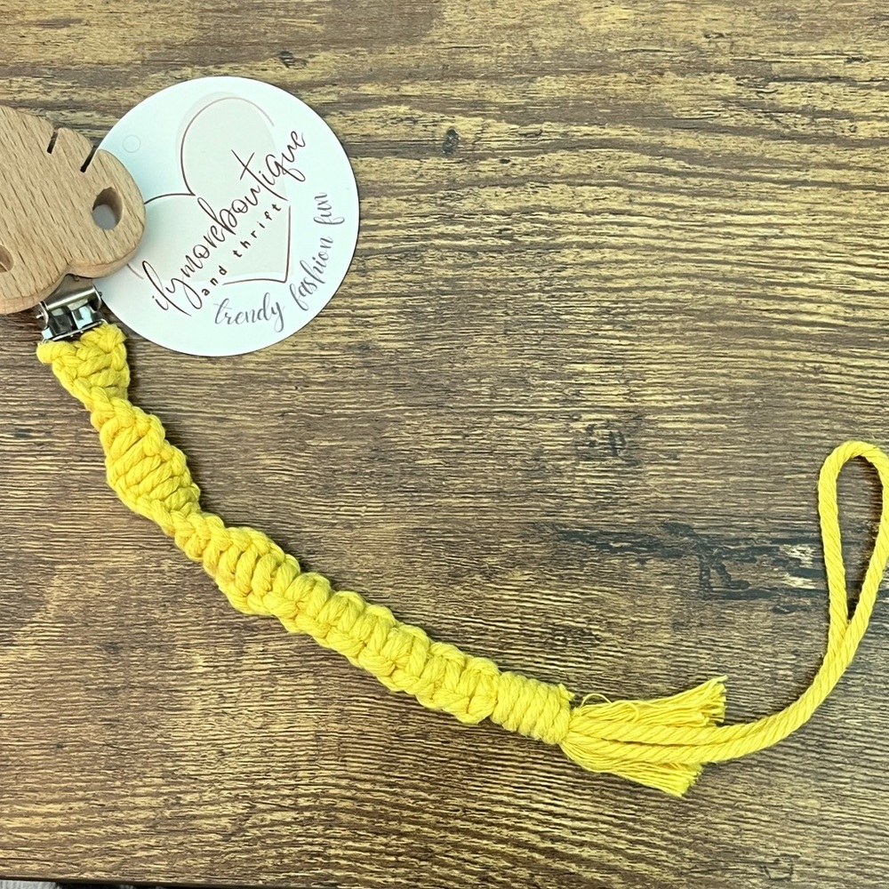 Handmade macrame pacifier holder yellow